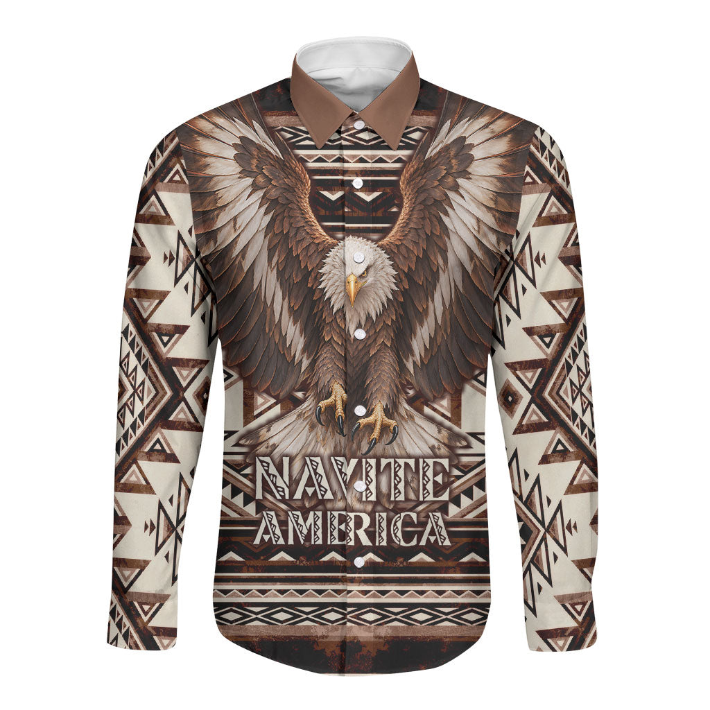 Native American Eagle Long Sleeve Button Shirt Indigenous Woman Tribal Geometric Pattern Art