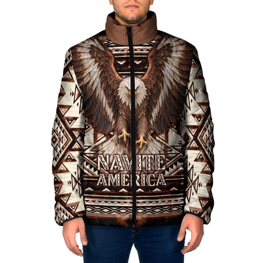 Native American Eagle Padded Jacket Indigenous Woman Tribal Geometric Pattern Art