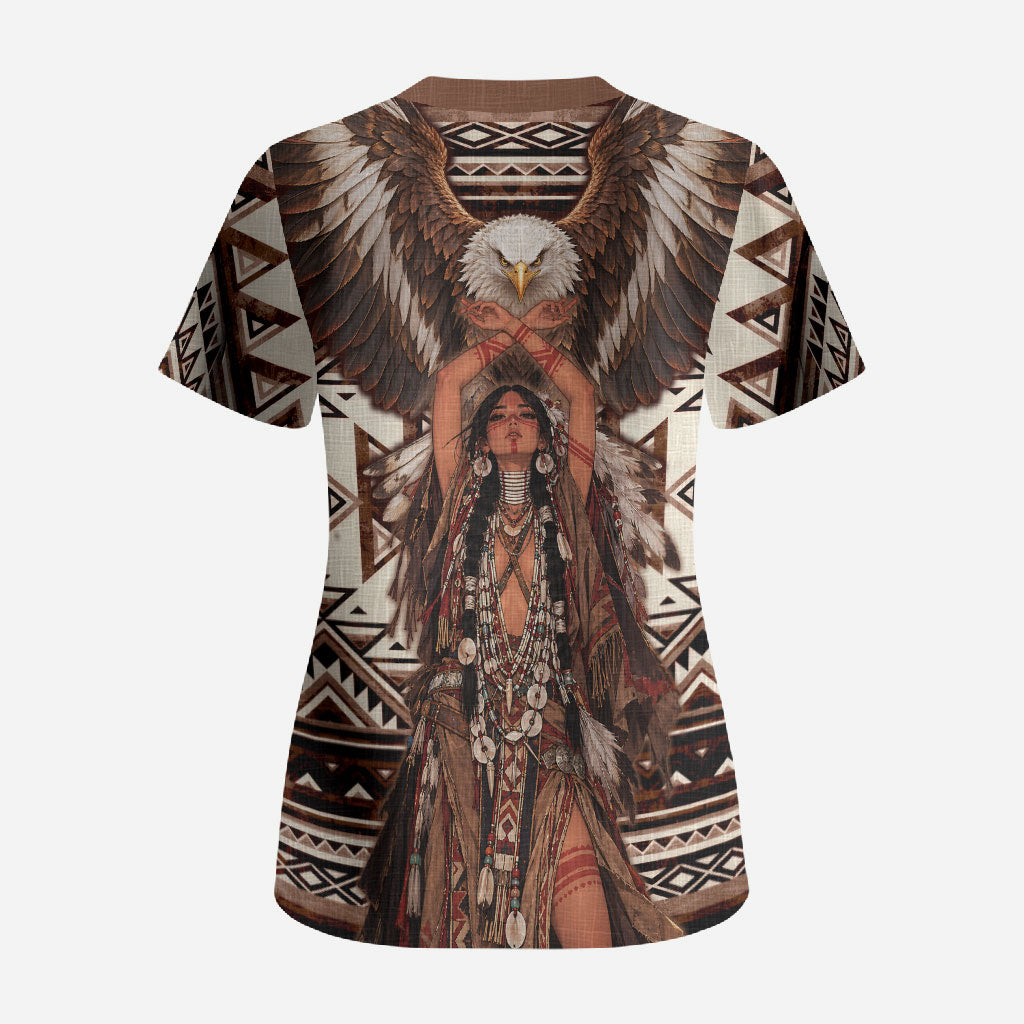 Native American Eagle Scrub Top Indigenous Woman Tribal Geometric Pattern Art
