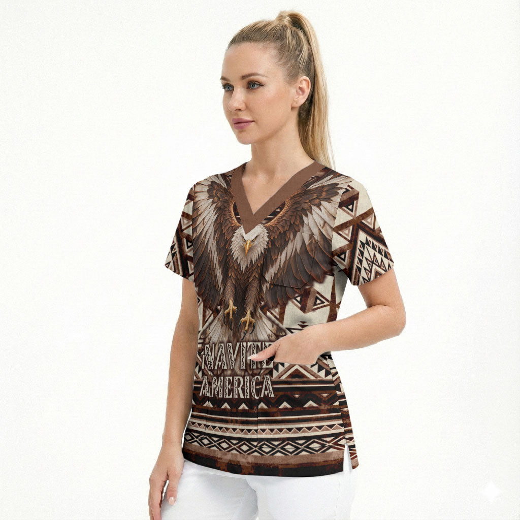 Native American Eagle Scrub Top Indigenous Woman Tribal Geometric Pattern Art