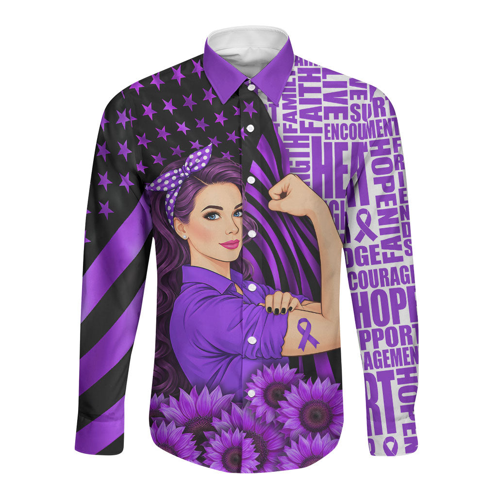 Personalized Domestic Violence Awareness Long Sleeve Button Shirt Strong Woman Purple Ribbon Sunflower Flag