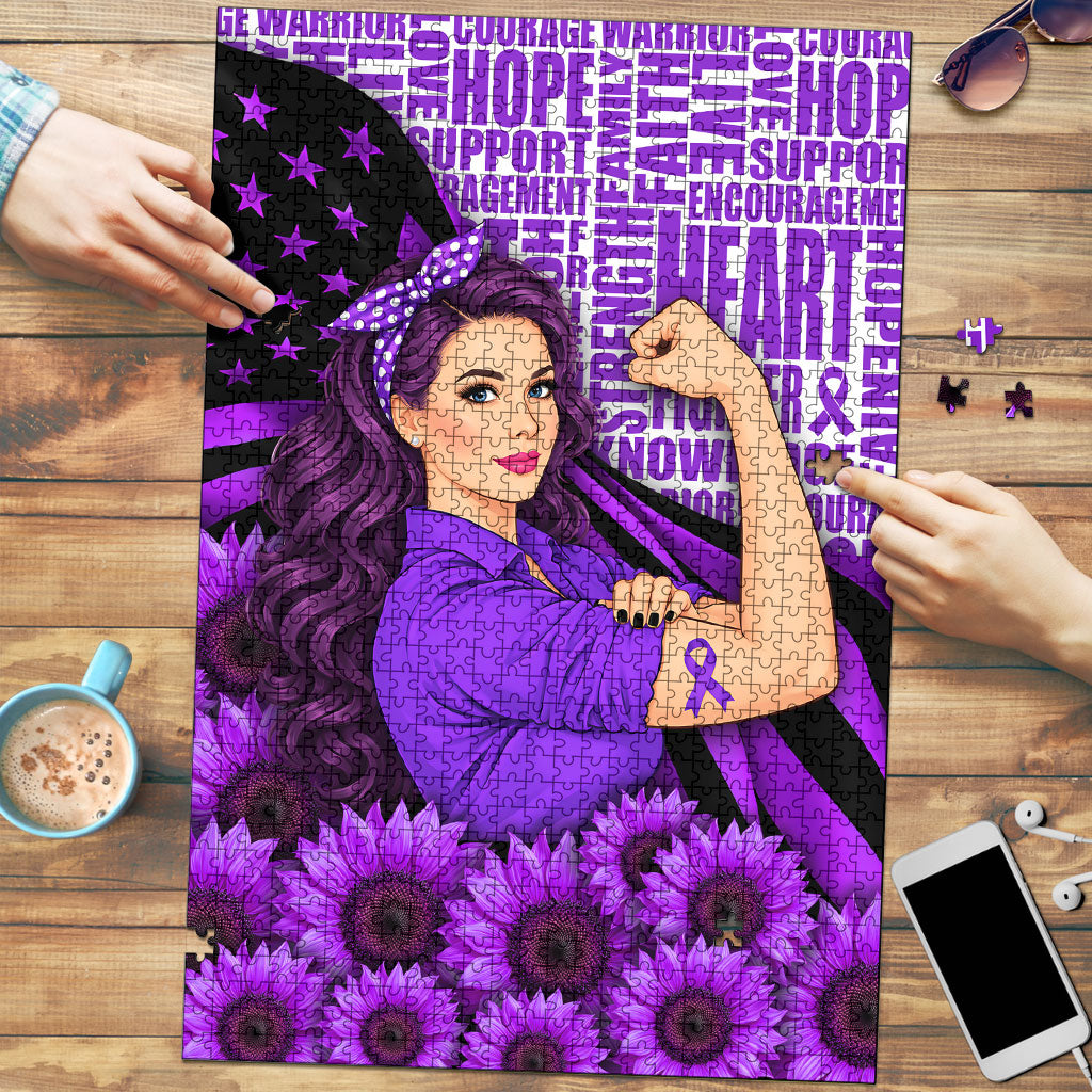 Domestic Violence Awareness Puzzle Strong Woman Purple Ribbon Sunflower Flag