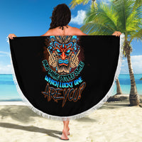 Round black beach blanket with white fringe and colorful tiki skull centerpiece