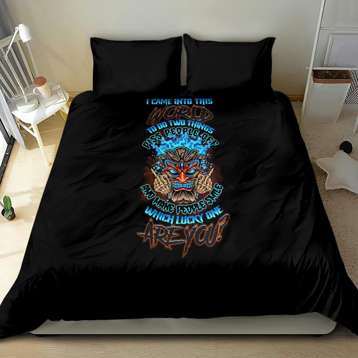 Black bedding set with colorful skull tiki graphic on comforter, front full-bed view