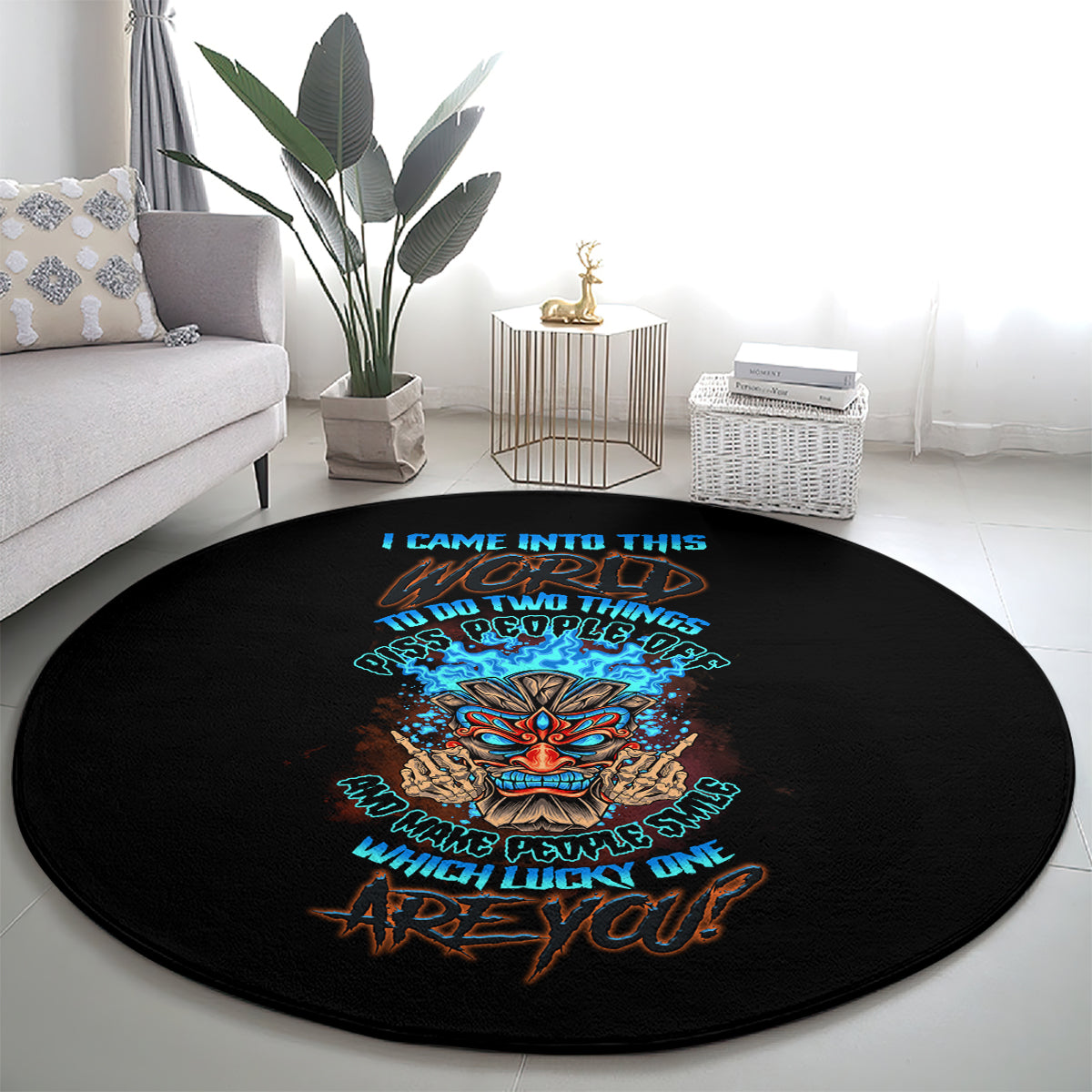 Round black carpet with centered colorful tiki skull artwork and text message