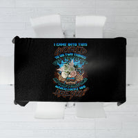 Black skull tiki tablecloth with colorful graphic and text, rectangular fold edges