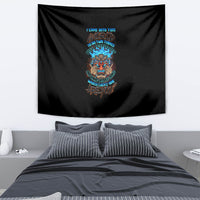 Black skull tiki tapestry with multicolor text graphic, rectangular wall hanging