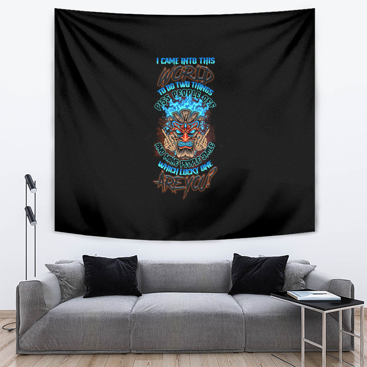 Black skull tiki tapestry with multicolor skull and text graphic, wall hanging