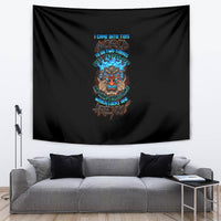 Black skull tiki tapestry with multicolor skull and text graphic, wall hanging
