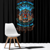 Black window curtain panel with colorful skull tiki graphic and text design