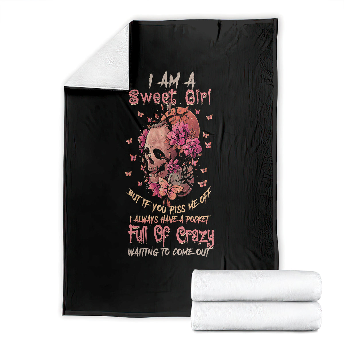 Black fleece blanket with flower skull design and colorful quote slogan print
