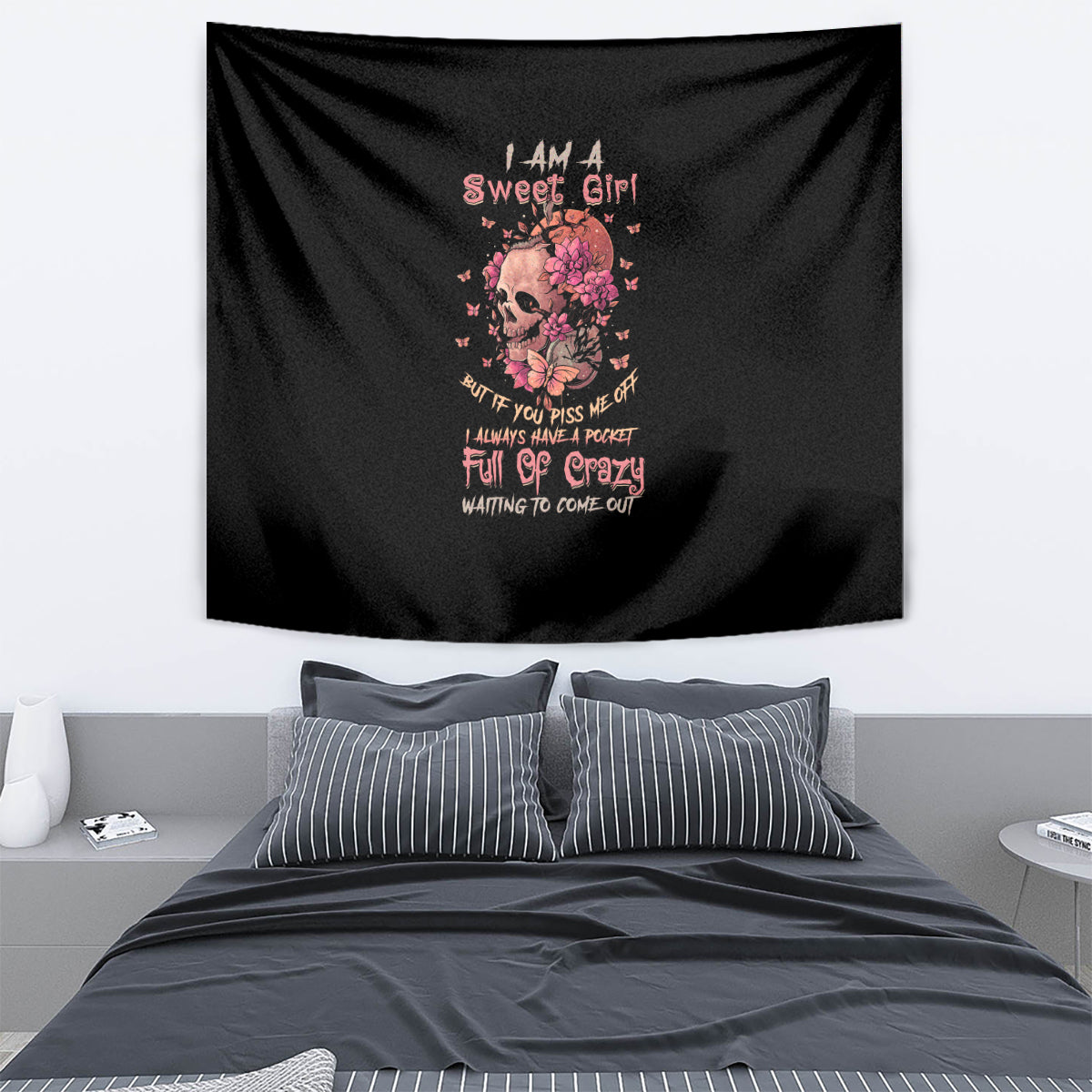 Black tapestry with floral skull and 'I Am A Sweet Girl' text graphic