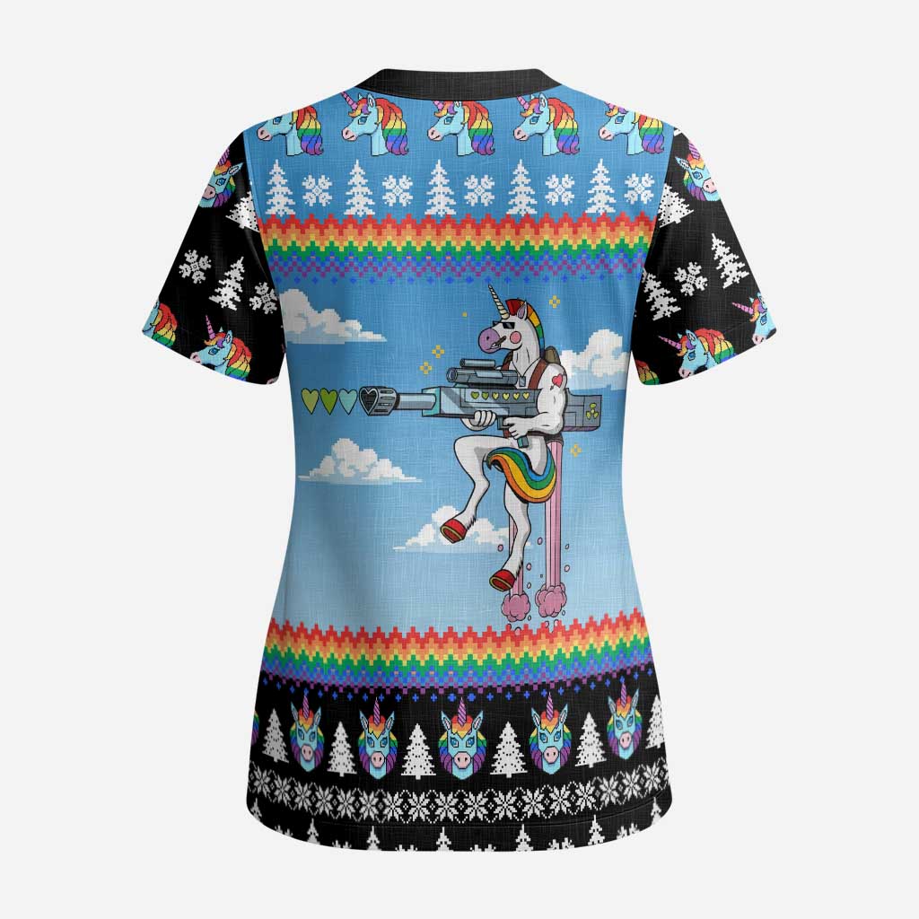 Unicorn Pew Pew Christmas Scrub Top Xmas Holiday Patterns - Wonder Print Shop