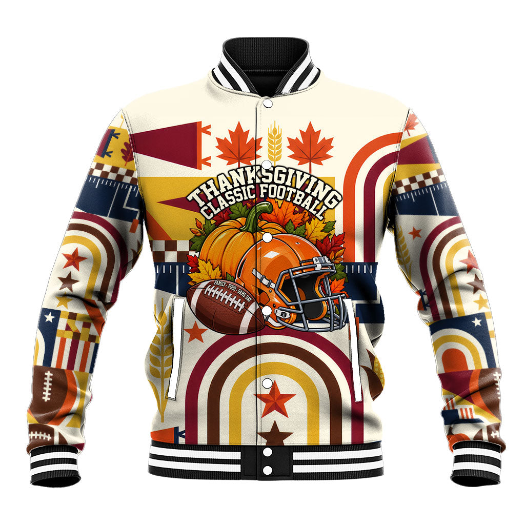 Personalized Thanksgiving Classic Football Baseball Jacket Retro 70s Style Cartoon Turkey Helmet