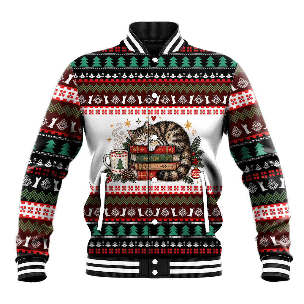 All Booked For Christmas Bookish Cat Baseball Jacket Cozy Reader Fair Isle Knit Ugly Xmas Pattern