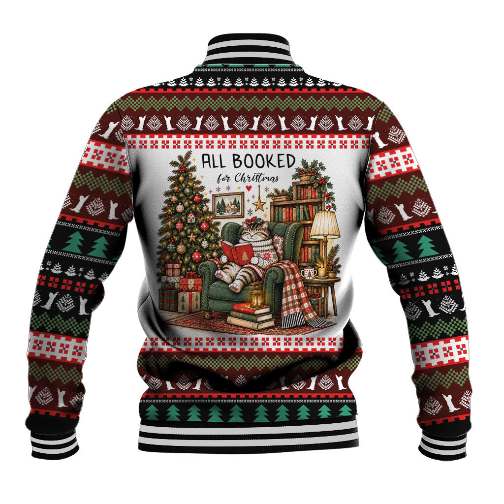 All Booked For Christmas Bookish Cat Baseball Jacket Cozy Reader Fair Isle Knit Ugly Xmas Pattern