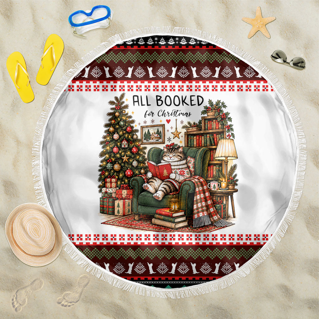 All Booked For Christmas Bookish Cat Beach Blanket Cozy Reader Fair Isle Knit Ugly Xmas Pattern