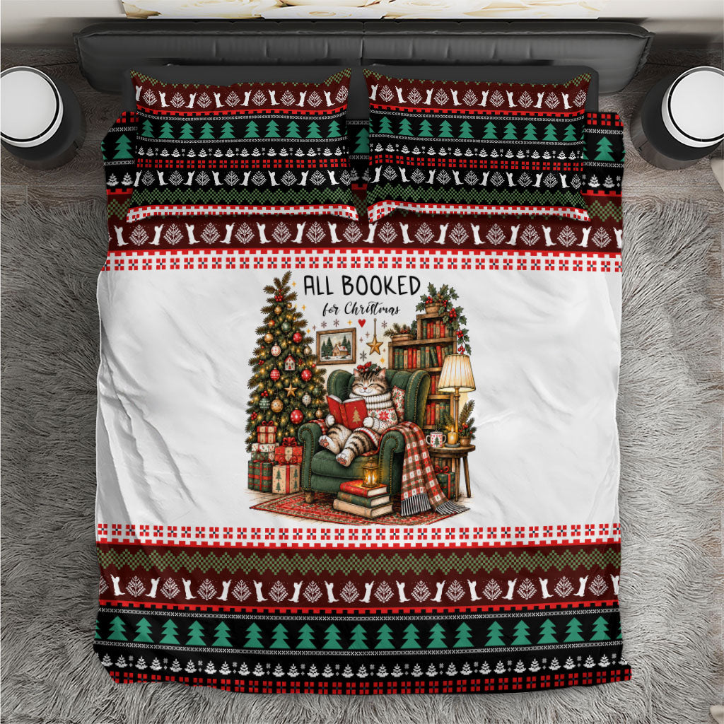 All Booked For Christmas Bookish Cat Bedding Set Cozy Reader Fair Isle Knit Ugly Xmas Pattern