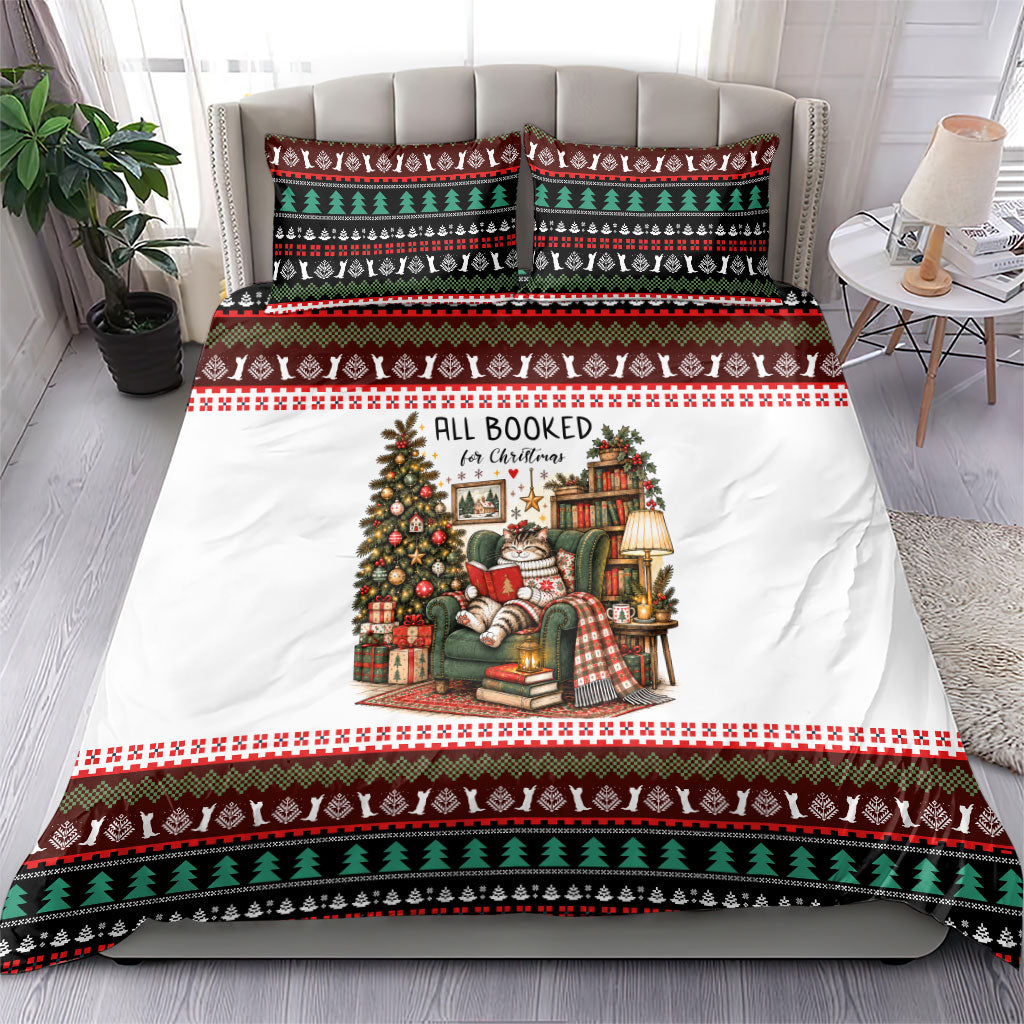 All Booked For Christmas Bookish Cat Bedding Set Cozy Reader Fair Isle Knit Ugly Xmas Pattern
