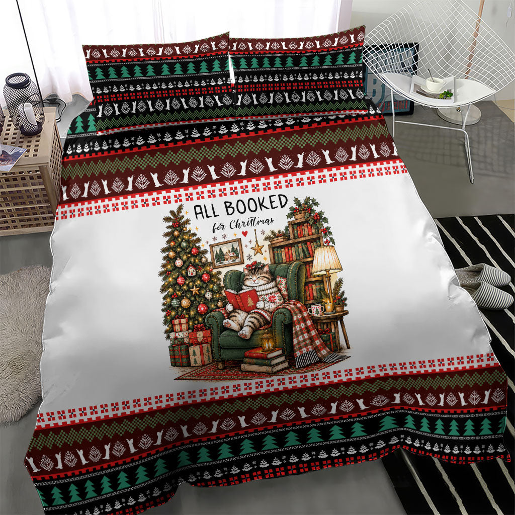 All Booked For Christmas Bookish Cat Bedding Set Cozy Reader Fair Isle Knit Ugly Xmas Pattern