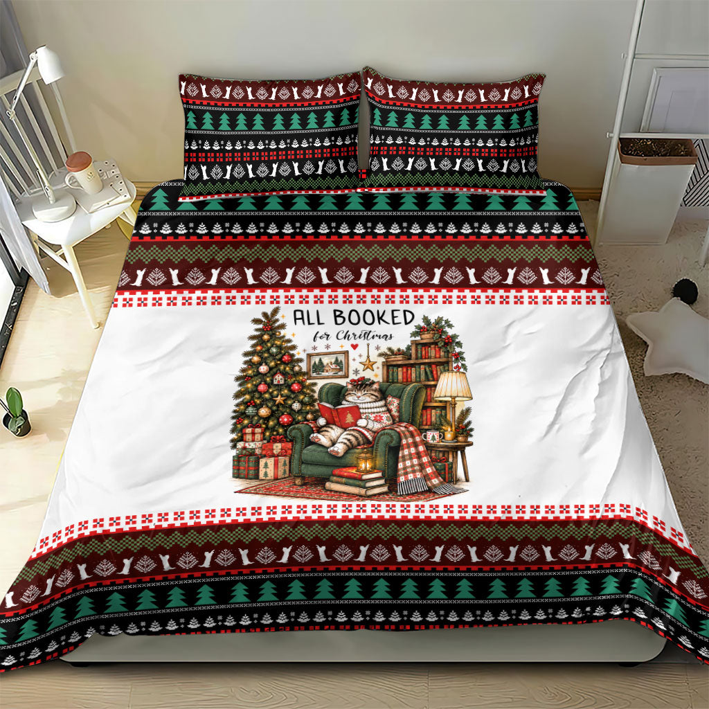 All Booked For Christmas Bookish Cat Bedding Set Cozy Reader Fair Isle Knit Ugly Xmas Pattern