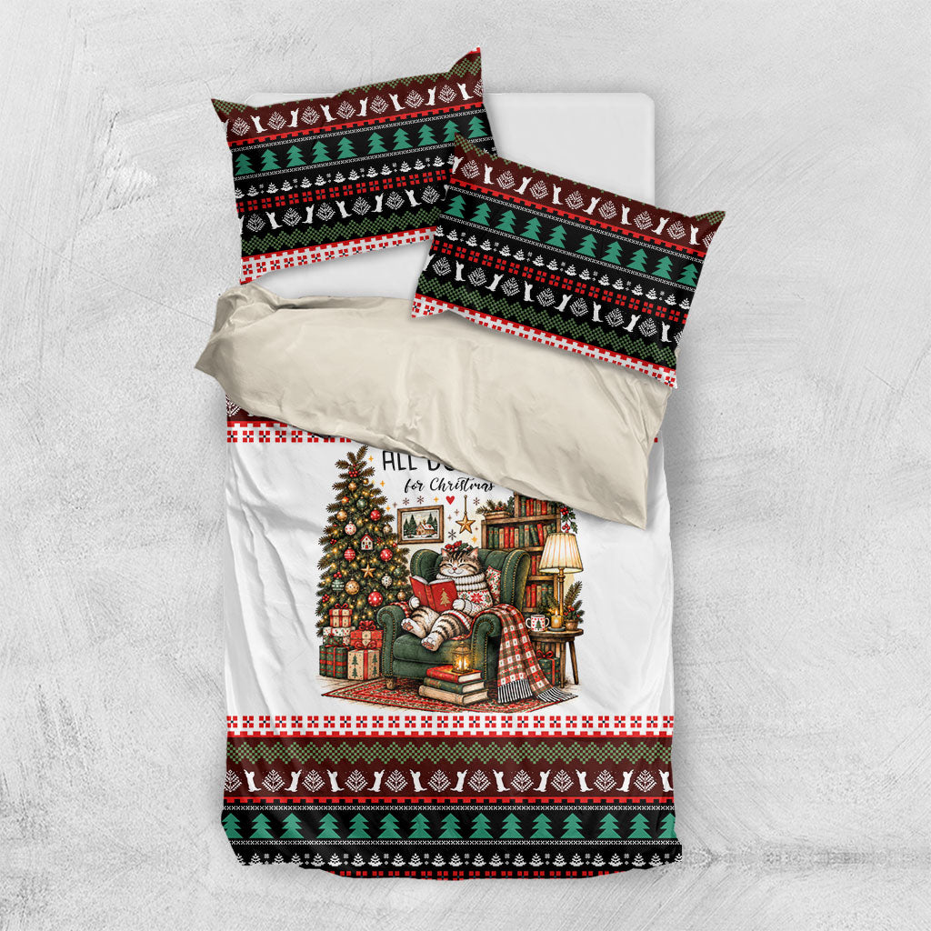 All Booked For Christmas Bookish Cat Bedding Set Cozy Reader Fair Isle Knit Ugly Xmas Pattern