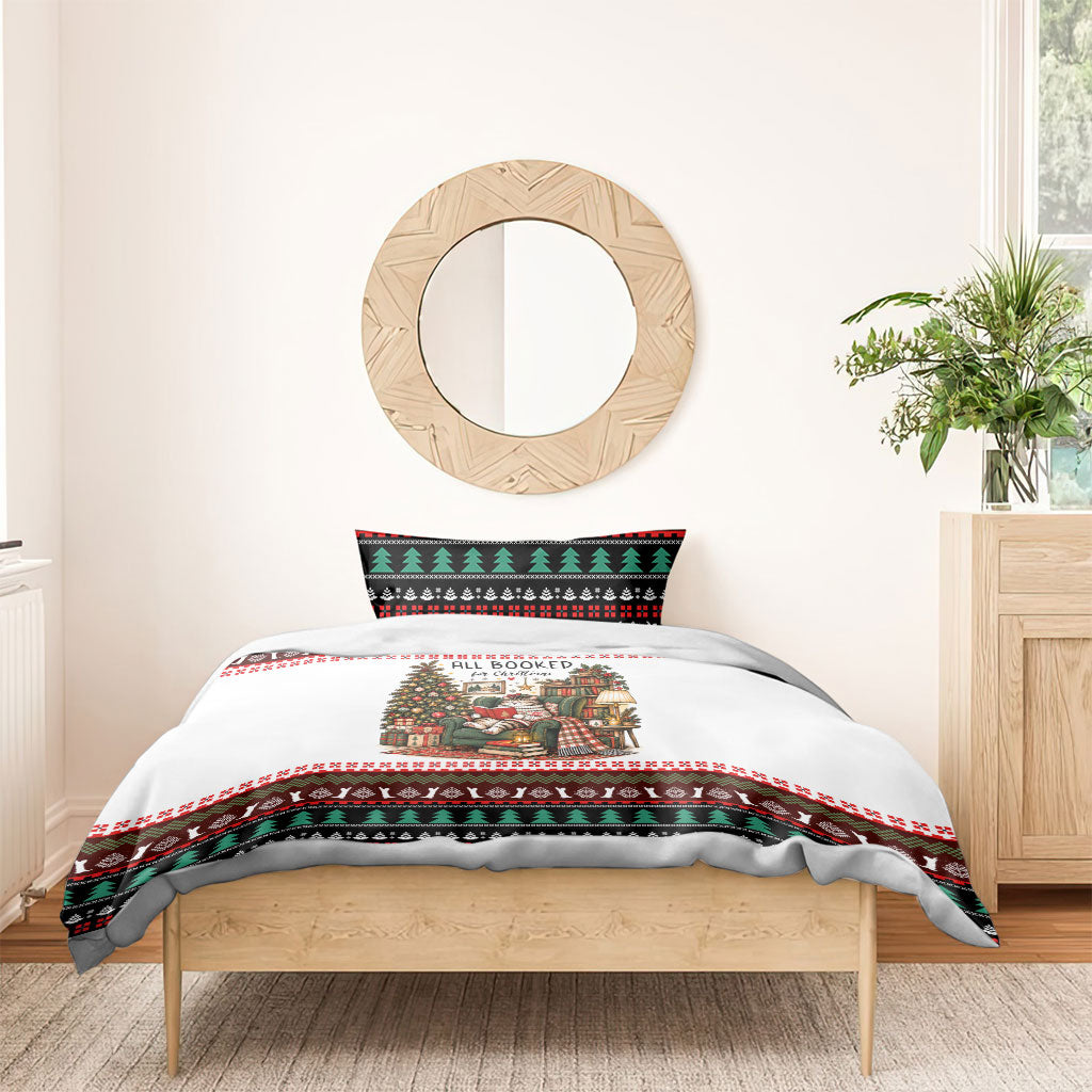 All Booked For Christmas Bookish Cat Bedding Set Cozy Reader Fair Isle Knit Ugly Xmas Pattern
