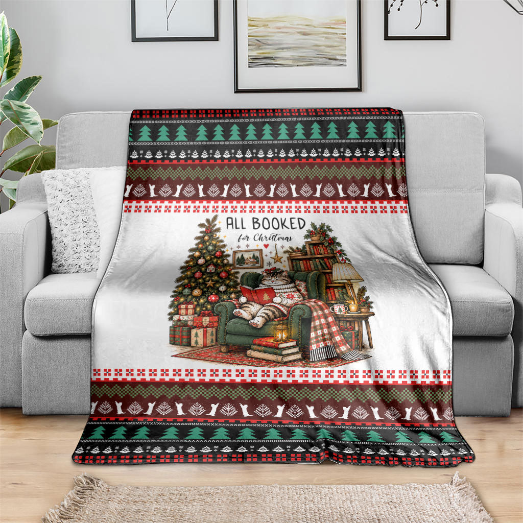 All Booked For Christmas Bookish Cat Blanket Cozy Reader Fair Isle Knit Ugly Xmas Pattern
