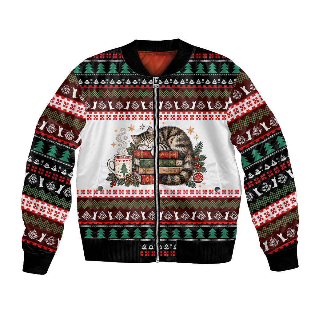All Booked For Christmas Bookish Cat Bomber Jacket Cozy Reader Fair Isle Knit Ugly Xmas Pattern