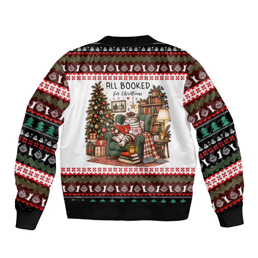 All Booked For Christmas Bookish Cat Bomber Jacket Cozy Reader Fair Isle Knit Ugly Xmas Pattern