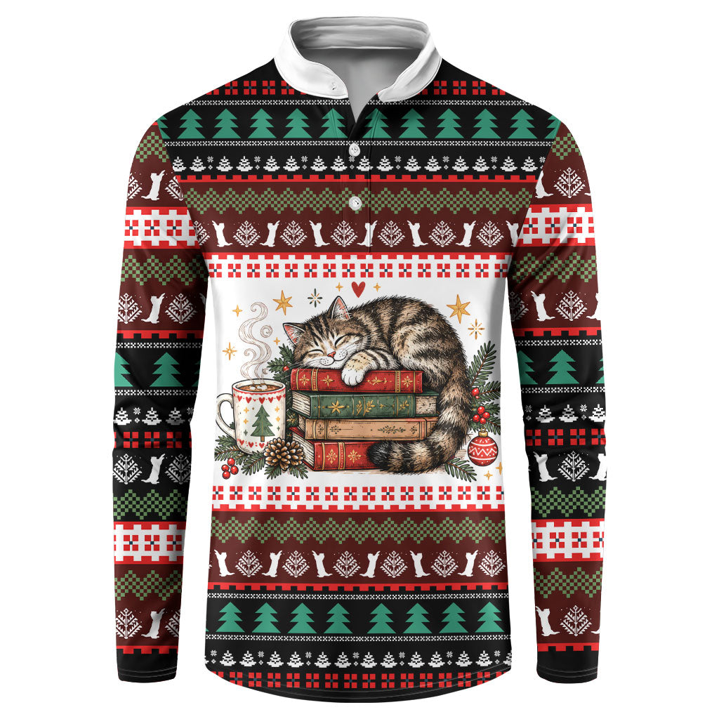 All Booked For Christmas Bookish Cat Button Sweatshirt Cozy Reader Fair Isle Knit Ugly Xmas Pattern