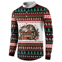 All Booked For Christmas Bookish Cat Button Sweatshirt Cozy Reader Fair Isle Knit Ugly Xmas Pattern