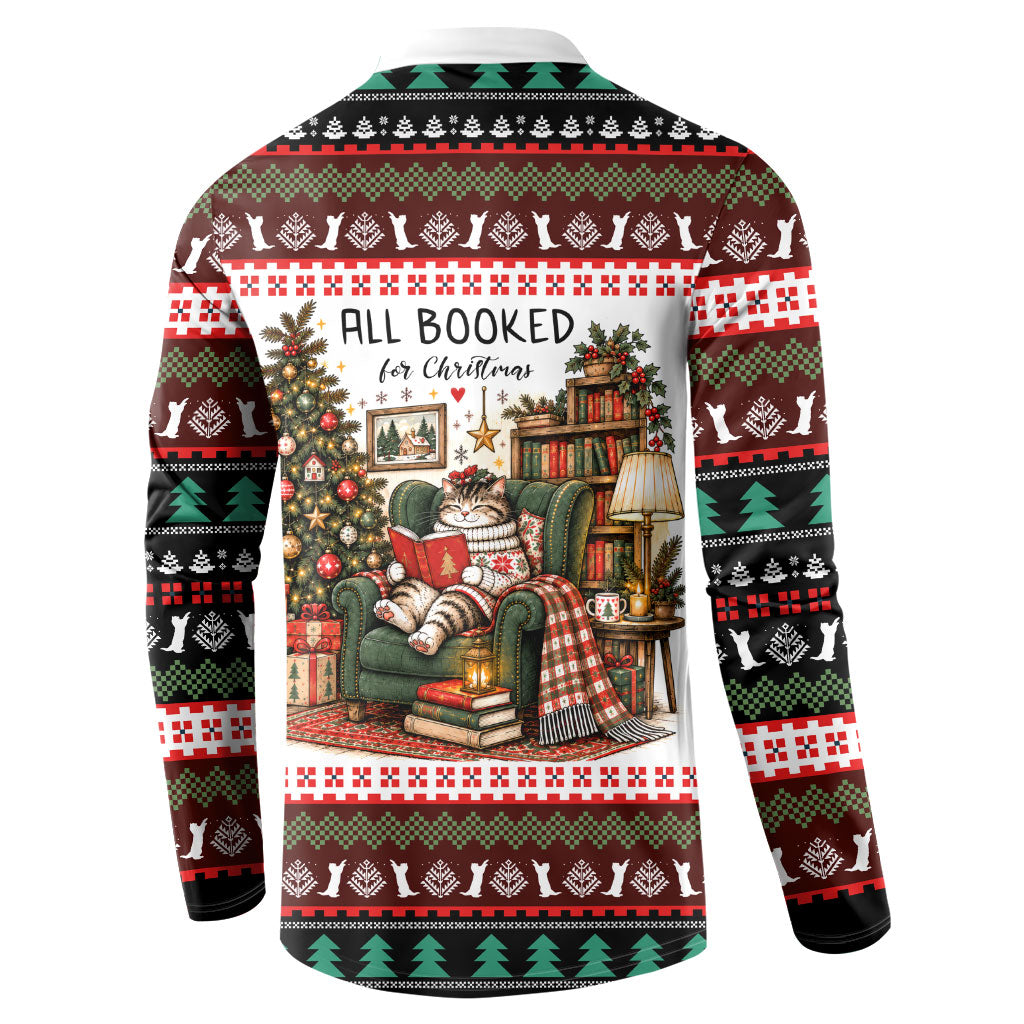 All Booked For Christmas Bookish Cat Button Sweatshirt Cozy Reader Fair Isle Knit Ugly Xmas Pattern