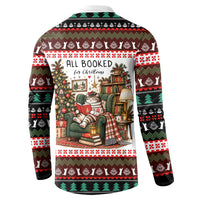 All Booked For Christmas Bookish Cat Button Sweatshirt Cozy Reader Fair Isle Knit Ugly Xmas Pattern