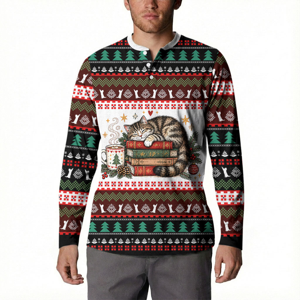 All Booked For Christmas Bookish Cat Button Sweatshirt Cozy Reader Fair Isle Knit Ugly Xmas Pattern