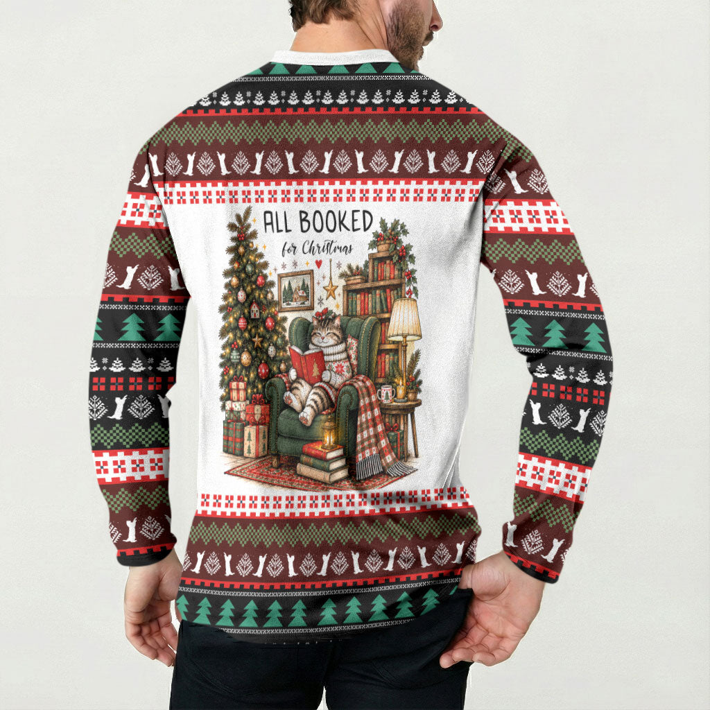 All Booked For Christmas Bookish Cat Button Sweatshirt Cozy Reader Fair Isle Knit Ugly Xmas Pattern