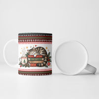 All Booked For Christmas Bookish Cat Ceramic Mug Cozy Reader Fair Isle Knit Ugly Xmas Pattern