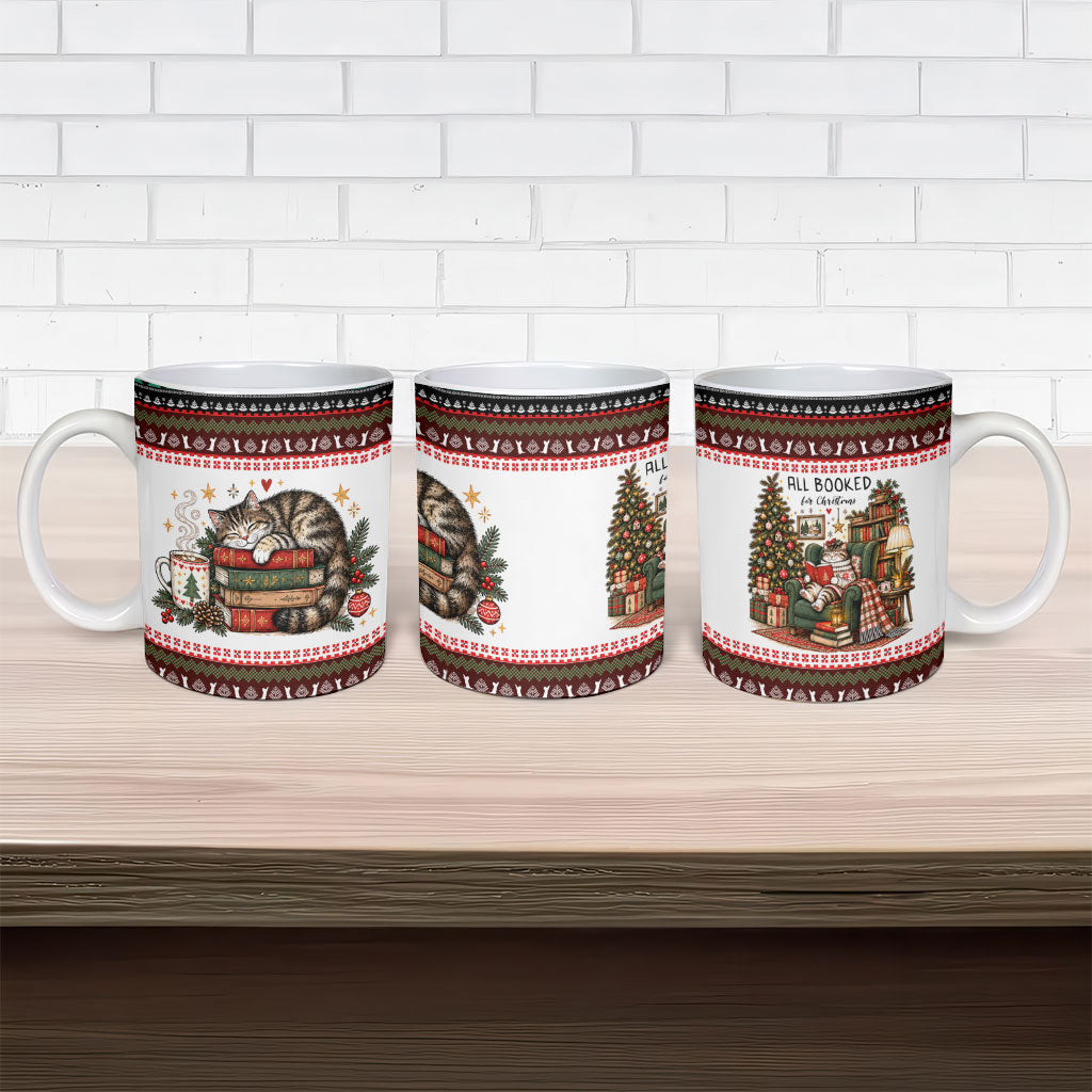 All Booked For Christmas Bookish Cat Ceramic Mug Cozy Reader Fair Isle Knit Ugly Xmas Pattern