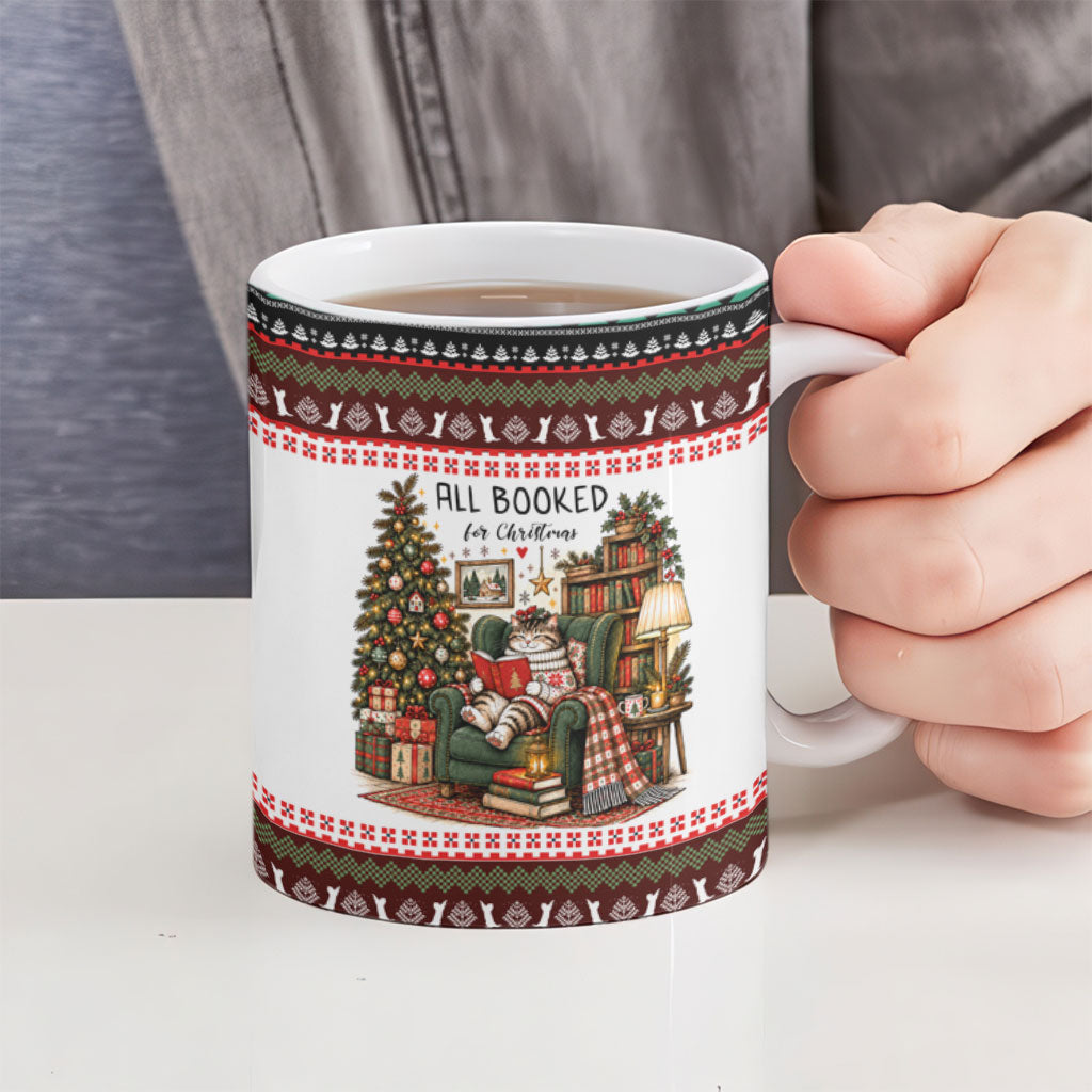 All Booked For Christmas Bookish Cat Ceramic Mug Cozy Reader Fair Isle Knit Ugly Xmas Pattern