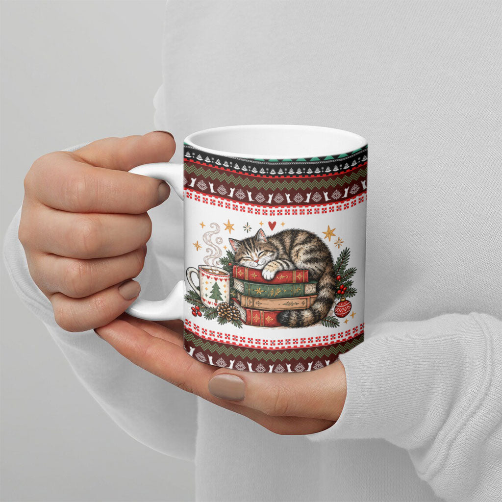 All Booked For Christmas Bookish Cat Ceramic Mug Cozy Reader Fair Isle Knit Ugly Xmas Pattern