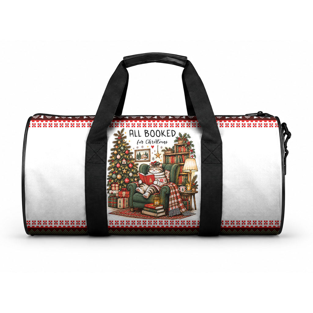 All Booked For Christmas Bookish Cat Duffle Bag Cozy Reader Fair Isle Knit Ugly Xmas Pattern