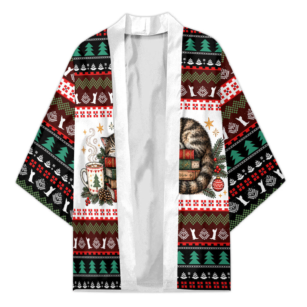 All Booked For Christmas Bookish Cat Kimono Cozy Reader Fair Isle Knit Ugly Xmas Pattern