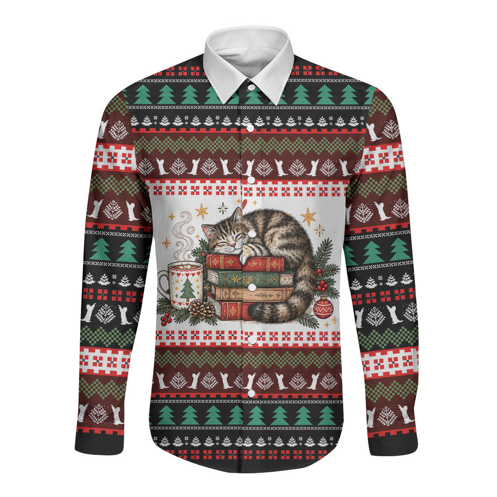 All Booked For Christmas Bookish Cat Long Sleeve Button Shirt Cozy Reader Fair Isle Knit Ugly Xmas Pattern