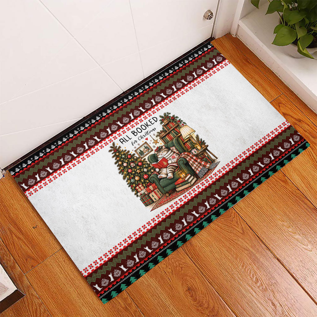 All Booked For Christmas Bookish Cat Rubber Doormat Cozy Reader Fair Isle Knit Ugly Xmas Pattern
