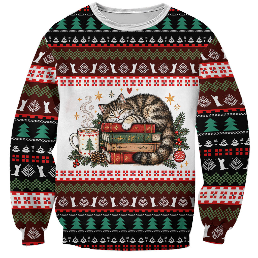 All Booked For Christmas Bookish Cat Sweatshirt Cozy Reader Fair Isle Knit Ugly Xmas Pattern