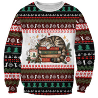 All Booked For Christmas Bookish Cat Sweatshirt Cozy Reader Fair Isle Knit Ugly Xmas Pattern