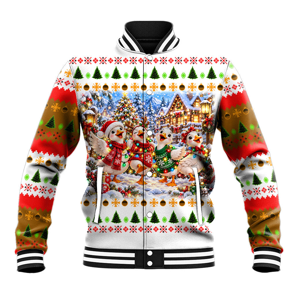 Just A Merry Goose Christmas Baseball Jacket Festive Winter Village Fair Isle Ugly Xmas Pattern