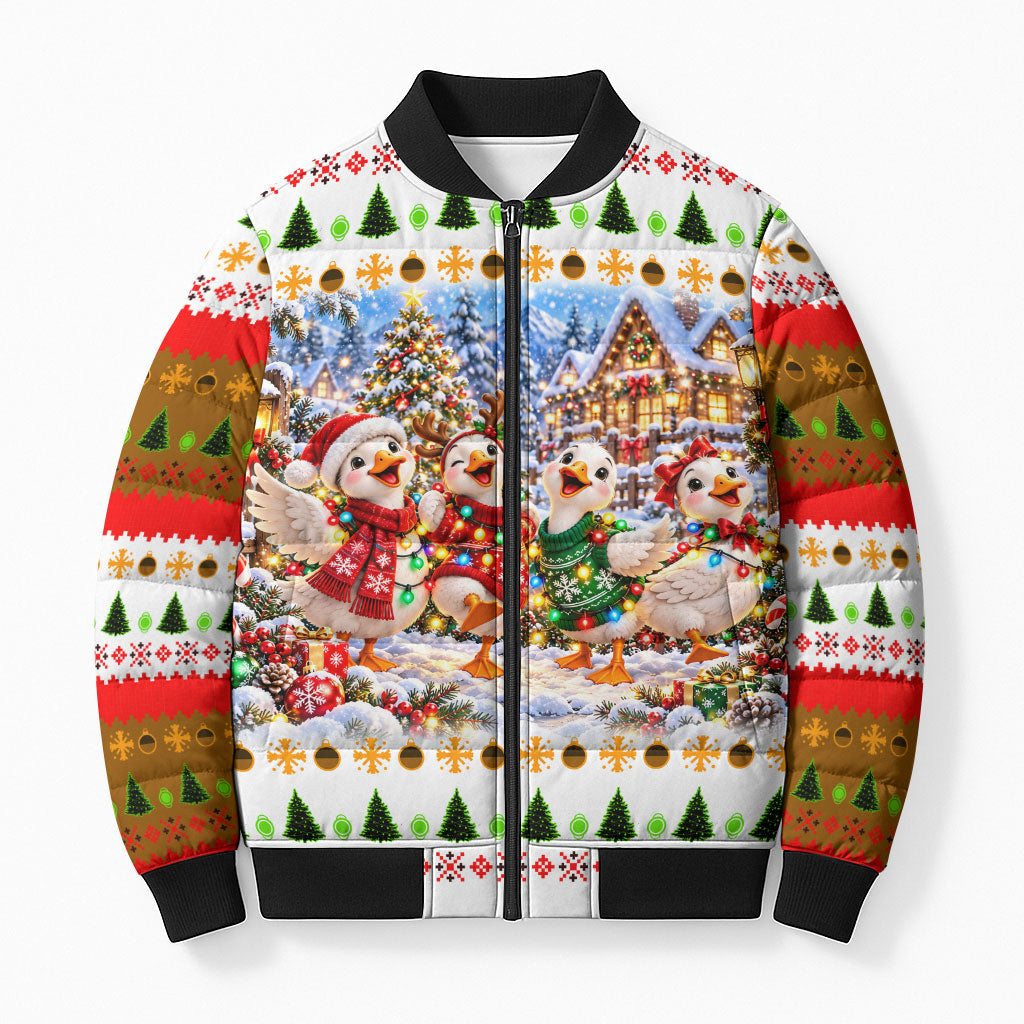 Just A Merry Goose Christmas Bomber Puffer Jacket Festive Winter Village Fair Isle Ugly Xmas Pattern