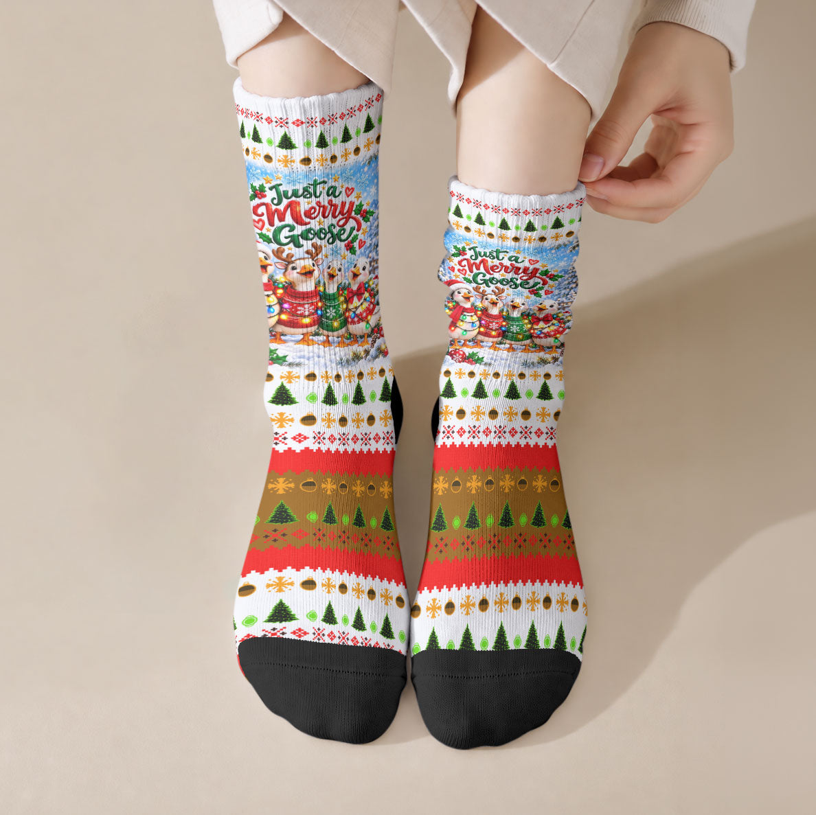 Just A Merry Goose Christmas Crew Socks Festive Winter Village Fair Isle Ugly Xmas Pattern