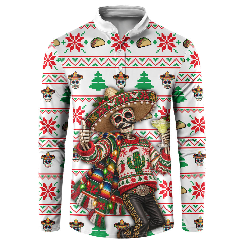 Mexico Christmas Button Sweatshirt Ugly Fair Isle Fiesta Skeleton Sombrero